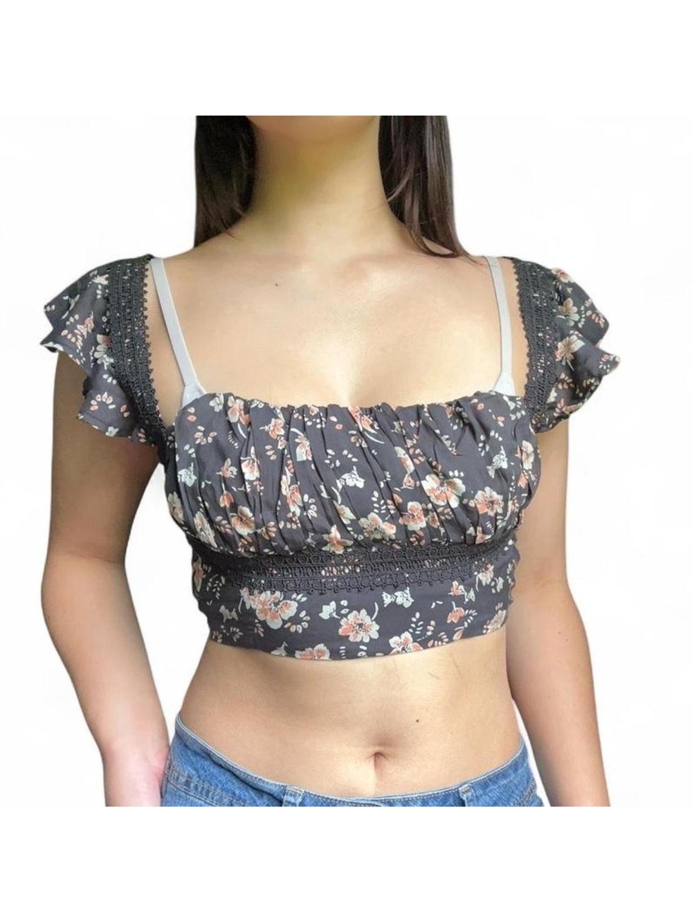 y2k vintage floral pattern adjustable milkmaid style top w/ back bow detail